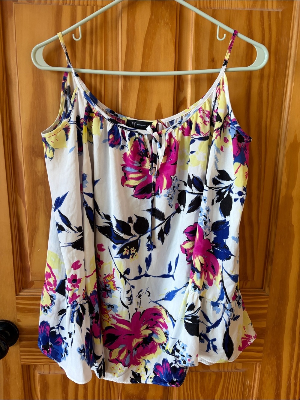 Floral Spaghetti Strap Tank Top - White with Pink & Blue Floral - Size 10